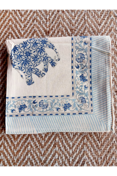 Table Cloth (8 Seater) - (Blue Floral Elephant Print) 
